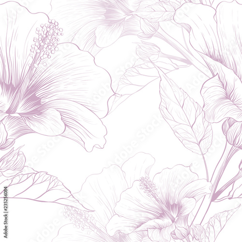 Vector. Hibiscus - flowers and buds. Seamless background pattern. Perfume and cosmetic plants. Wallpaper. Decorative composition. Use printed materials, signs, posters, postcards, packaging.