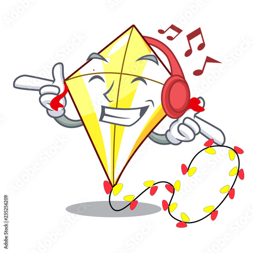 Listening music cute kite flying the on mascot