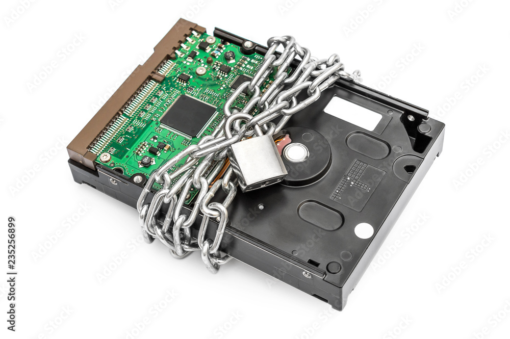 Security data concept. HDD chained by chain and padlock on white.