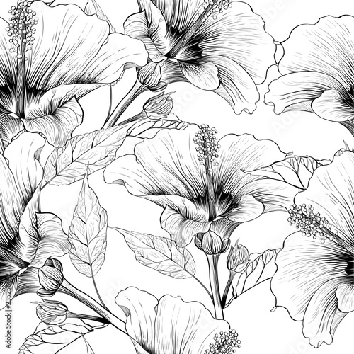Vector. Hibiscus - flowers and buds. Seamless background pattern. Perfume and cosmetic plants. Wallpaper. Decorative composition. Use printed materials, signs, posters, postcards, packaging.