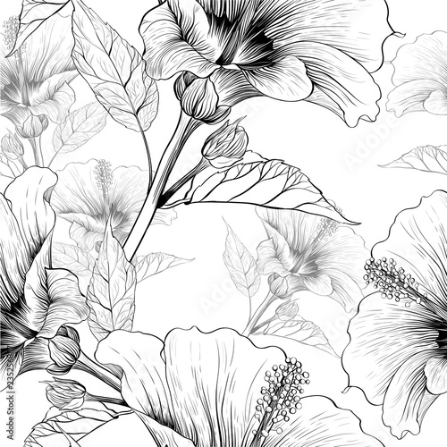 Vector. Hibiscus - flowers and buds. Seamless background pattern. Perfume and cosmetic plants. Wallpaper. Decorative composition. Use printed materials, signs, posters, postcards, packaging.