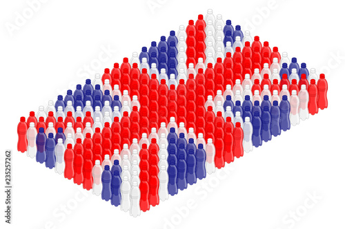 Isometric beverage plastic bottle in row, United Kingdom national flag shape concept design illustration isolated on white background, Editable stroke