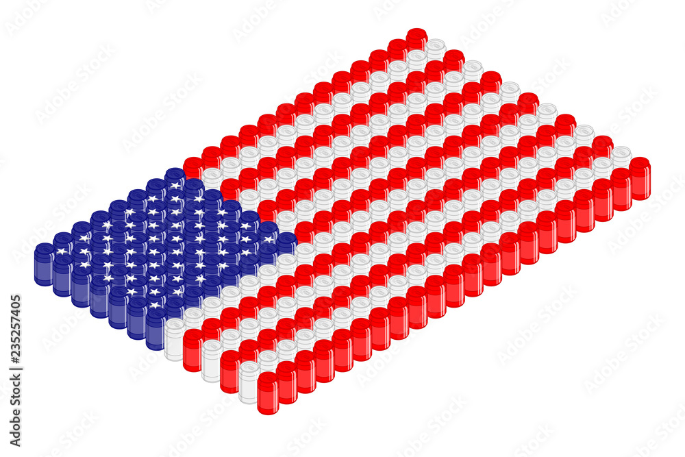 Fototapeta premium Isometric beverage can in row, United States national flag shape concept design illustration isolated on white background, Editable stroke