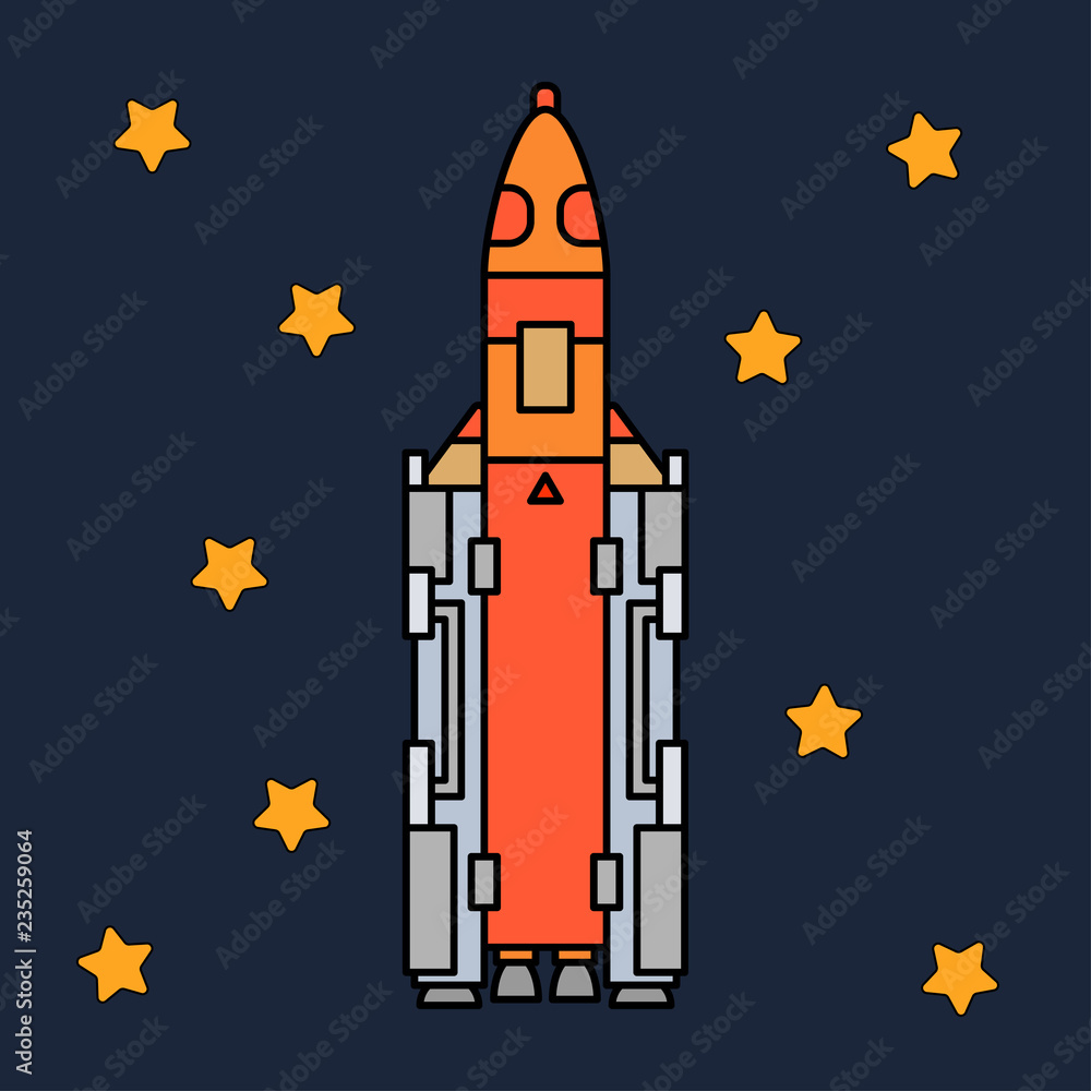 Line flat color vector icon elements of aerospace program multistage rocket. Cartoon style rocket, astronaut adventure. Spaceship technology illustration. Space investigations. Galaxy. Clipart logo.