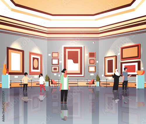 People tourists viewers in modern art gallery museum interior looking creative contemporary paintings artworks or exhibits flat