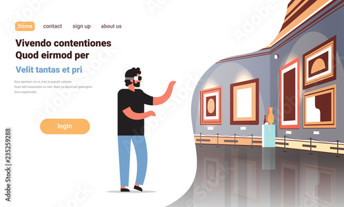 man wear digital glasses virtual reality art gallery museum interior creative contemporary paintings artworks or exhibits vr headset technology concept flat copy space