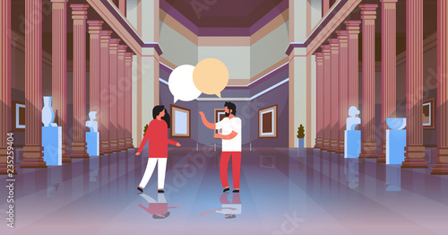 couple visitors in classic historic museum art gallery hall with columns interior chat bubble communicating looking ancient exhibits and sculptures collection flat horizontal