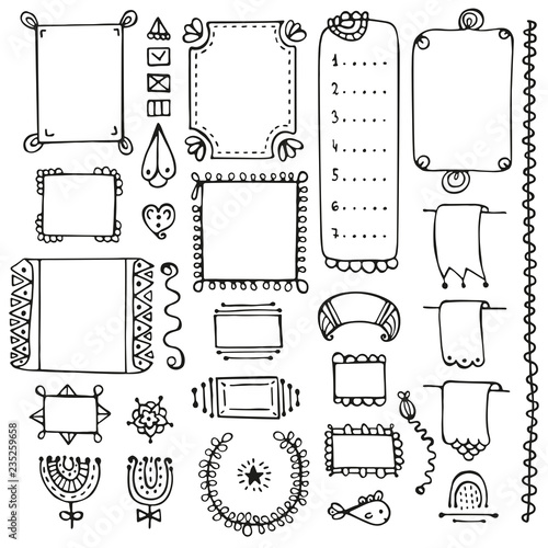 Bullet journal hand drawn vector elements for notebook, diary and planner. Doodle frames isolated on white background. 