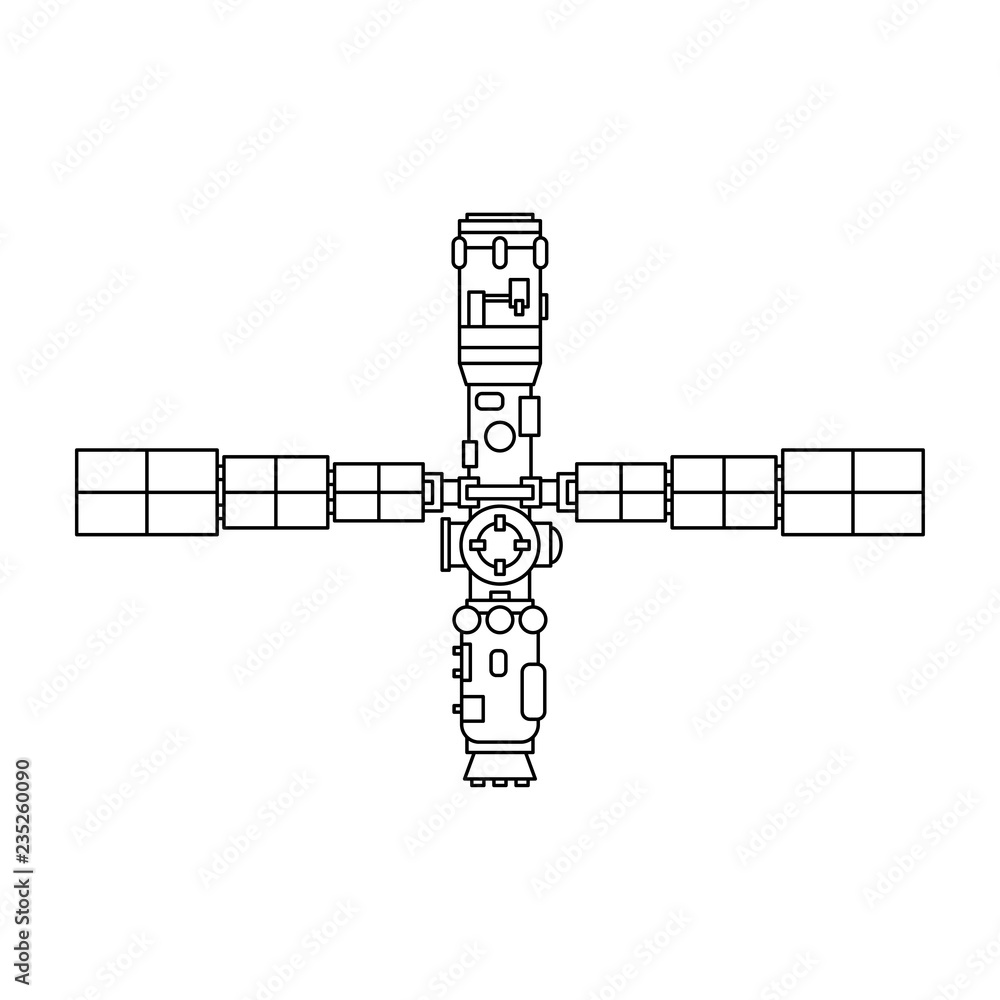 Line flat vector icon elements of aerospace research program communication satellite. Cartoon style, astronaut adventure. Spaceship technology illustration. Space investigations. Galaxy. Clipart logo.