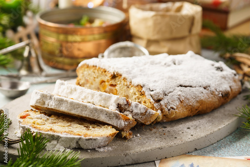 Traditional German stollen, sweet cake with candied fruits