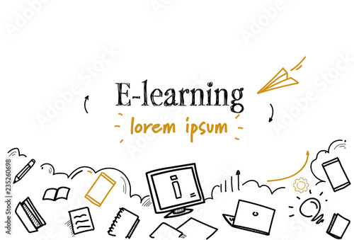 online education e-learning concept sketch doodle horizontal isolated copy space