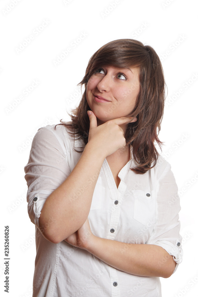 pleased young woman looking up isolated on white pleased young woman looking up isolated on white