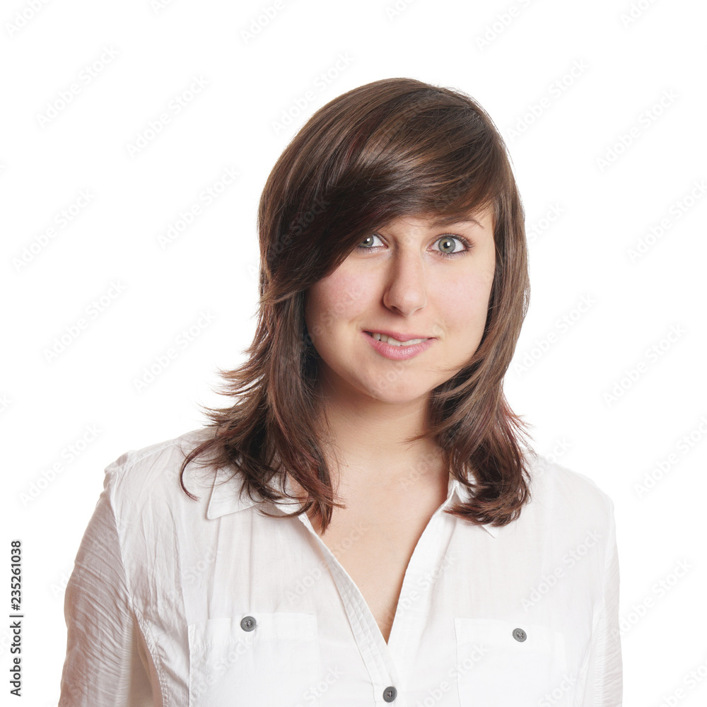 brunette young woman with neutral but friendly expression isolated on white brunette young woman with neutral but friendly expression isolated on white