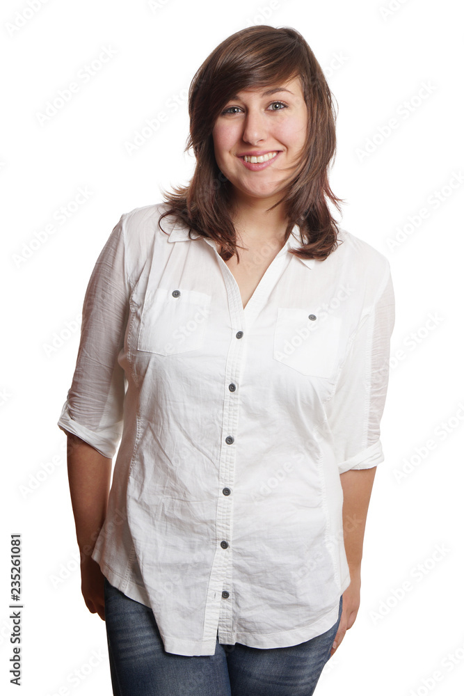 happy young woman standing isolated on white happy young woman standing isolated on white