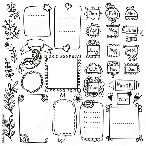 Bullet journal hand drawn vector elements for notebook, diary and planner. Doodle frames isolated on white background. 