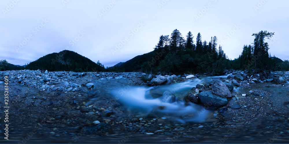 Mountain river in the middle of the forest at the blue hour on a long exposure. Spherical panorama 360vr