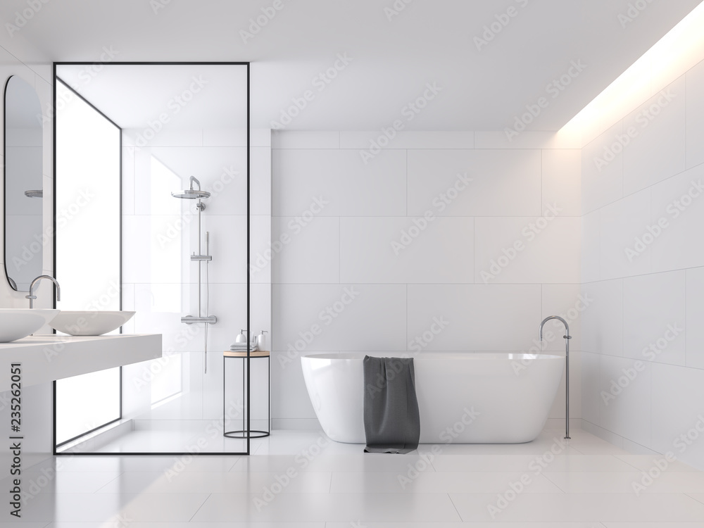 Minimal style white bathroom 3d render, There are large white tile wall and floor.There have glass partition for shower zone,The room has large windows.Natural light transmitted through the room. - obrazy, fototapety, plakaty 