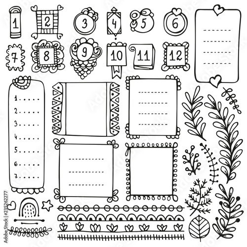 Bullet journal hand drawn vector elements for notebook, diary and planner. Doodle frames isolated on white background. 