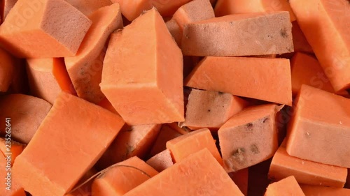 Overhead sider shot of diced sweet potatoes closeup photo