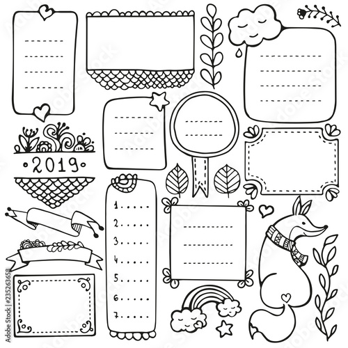 Bullet journal hand drawn vector elements for notebook, diary and planner. Doodle frames isolated on white background. 