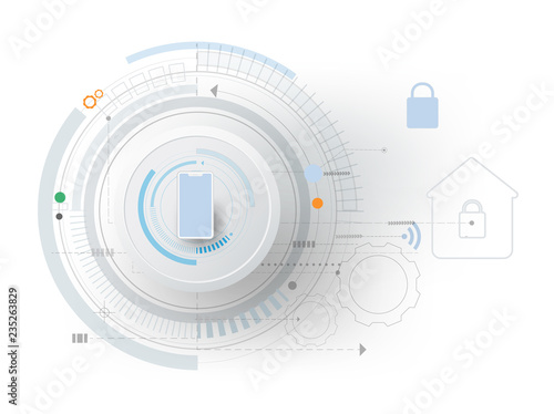 Smart home technology controlling protection system vector appliances via internet With background for content, wireless control of household appliances via internet , business tech presentation