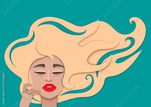 Portrait of a beautiful young woman with long hair. Vector illustration of paper cut style. Girl's face with closed eyes and plump lips.