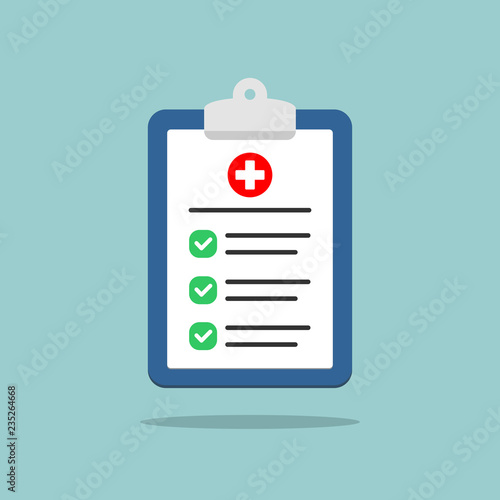 Medical clipboard with completed checklist. Hospital checkup document. Vector illustration in flat style.
