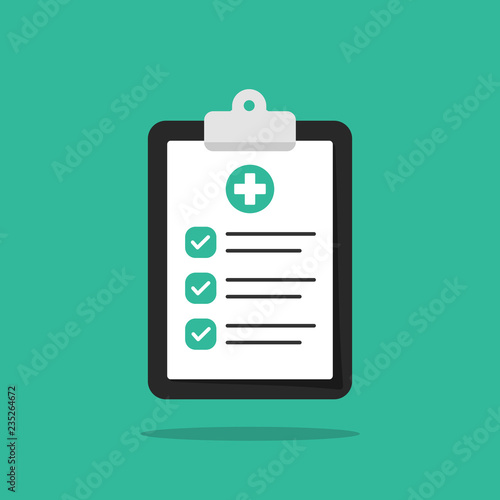 Medical clipboard with completed checklist. Hospital checkup document. Vector illustration in flat style.