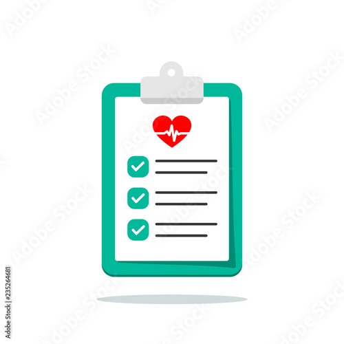Clip board with hospital documents. Medical insurance forms. Doctor paperwork. Hospital documents with heartbeat icon. Illustration in flat style.