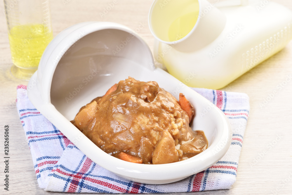Curry with rice on a plate of shape of toilet Curry with rice on a plate of shape of toilet