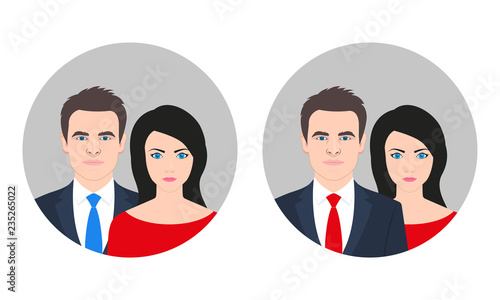 Man and woman icon with realistic faces. Male and female couple. Gentleman and lady or husband with wife user avatar. Vector illustration.