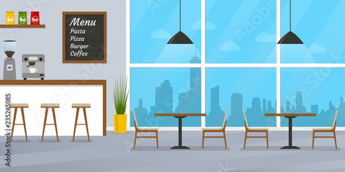 Cafe or restaurant interior design with coffee shop, bar counter and window. Vector illustration.