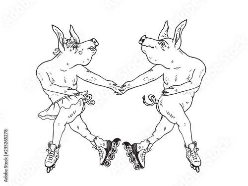 Pigs couple dancing in roller skates, hand drawn doodle, sketch, vector outline illustration