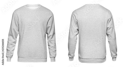 Blank template mens grey sweatshirt long sleeve, front and back view, isolated on white background. Design gray pullover mockup for print photo