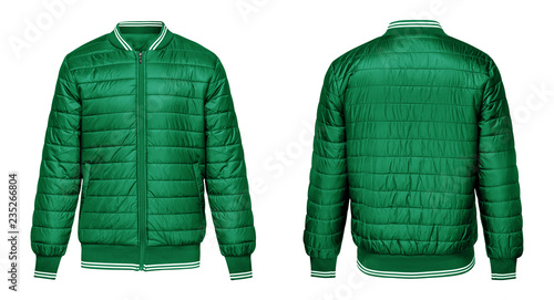 Blank template green jacket bomber with white stripe, front and back view isolated on white background. Mockup violet jacket for your design