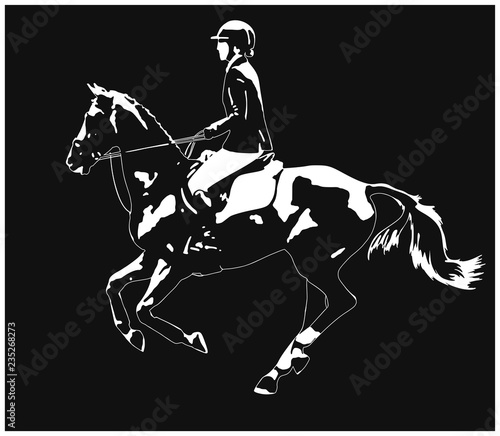Equestrian sport. Silhouette of a rider cantering on a horse in the light.