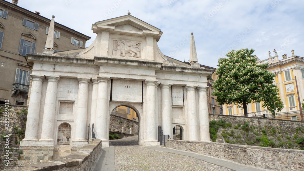 Bergamo, the old city. One of the beautiful city in Italy. Landscape on the old gate named Porta San Giacomo