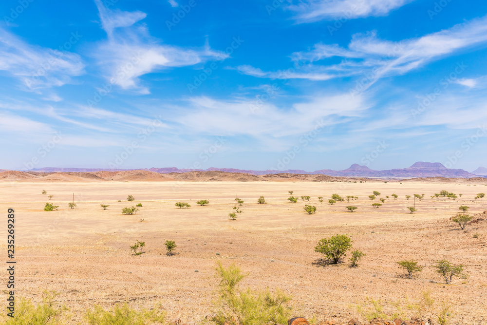 Amazing view over a plain field near Twijfelfontein, Damaraland, Namibia.