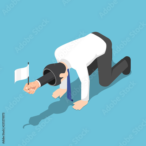 Isometric businessman raising the white flag and serrendering