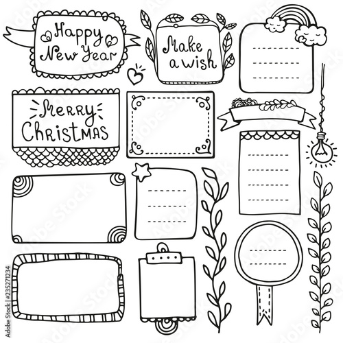 Bullet journal and Christmas hand drawn vector elements for notebook, diary and planner. Doodle frames isolated on white background. 
