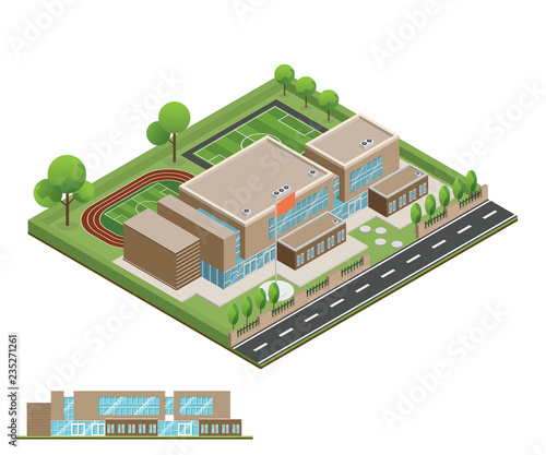 Isometric and 3D of modern office, school building and architecture design.