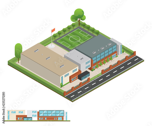 Isometric and 3D of modern office, school building and architecture design.