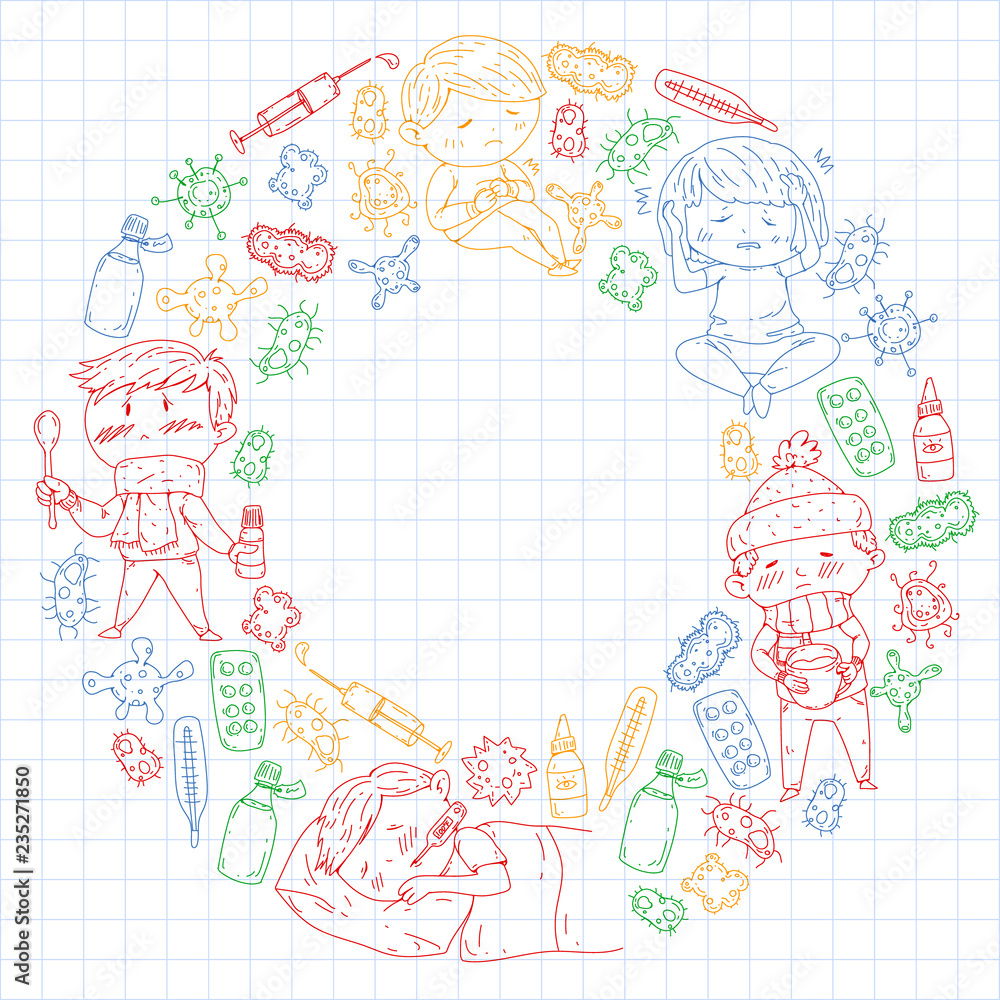 Children medical center. Healthcare illustration. Doodle icons with small kids, infection, fever, cold, virus, illness.