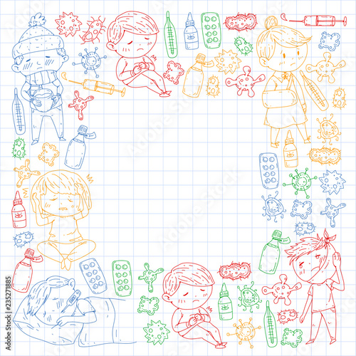 Children medical center. Healthcare illustration. Doodle icons with small kids, infection, fever, cold, virus, illness.