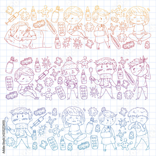 Children medical center. Healthcare illustration. Doodle icons with small kids, infection, fever, cold, virus, illness.