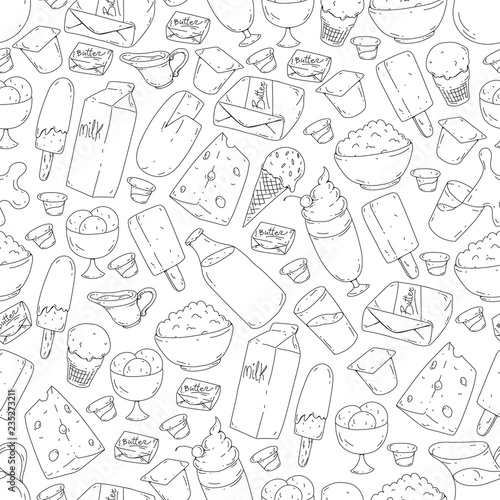 Dairy products. Doodle icons. Diet, breakfast. Milk, yogurt, cheese, ice cream, butter. Eat fresh healthy food and be happy.