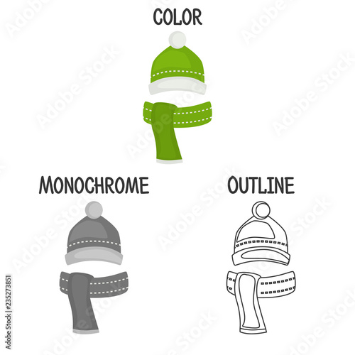 Winter close hat and scarf in color flat, outline and monochrome design icons set