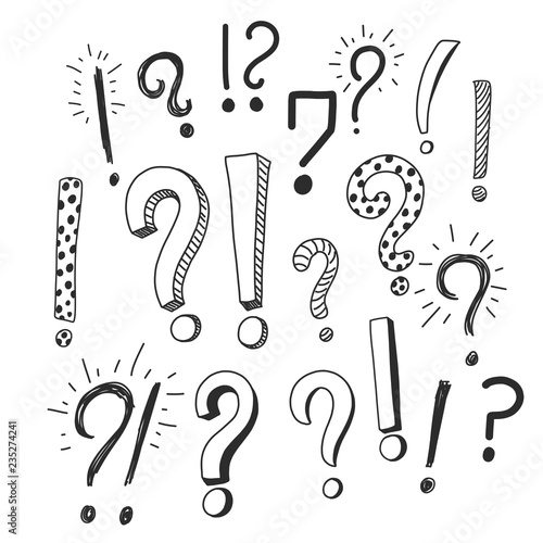 Question and exclamation signs hand drawn doodle, simple cartoon sketch isolated on white background. Vector typography illustration.