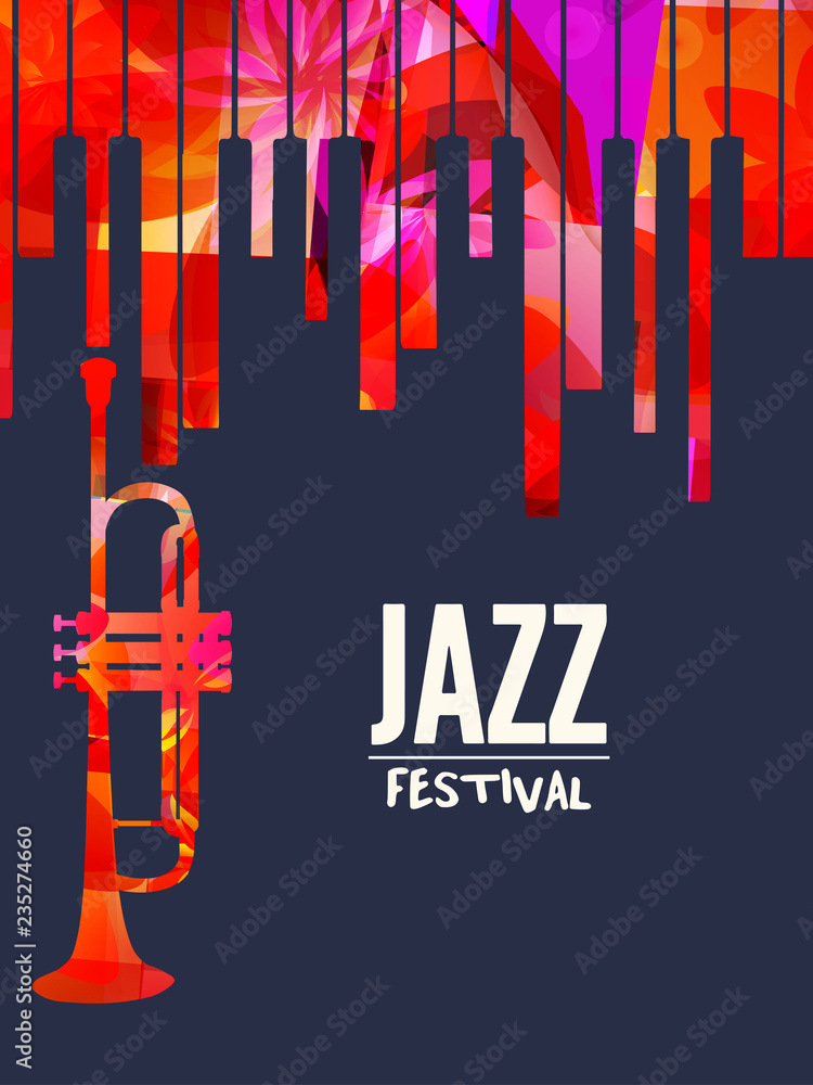 Fototapeta premium Jazz music festival poster with piano keyboard and trumpet vector illustration design. Music background with music instruments, live concert events, party flyer, brochure, promotion banner