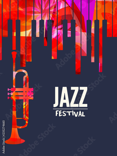 Jazz music festival poster with piano keyboard and trumpet vector illustration design. Music background with music instruments, live concert events, party flyer, brochure, promotion banner